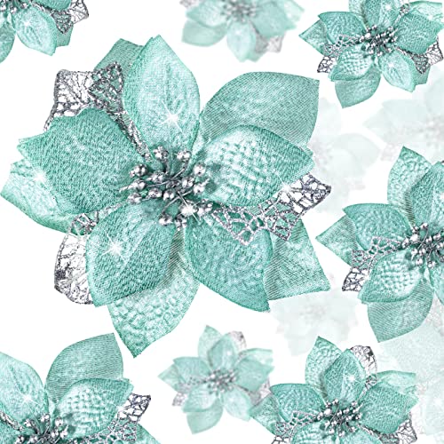 36 Pieces Christmas Glitter Poinsettia Faux Flowers Christmas Flowers Decorations Wedding Xmas Tree New Year Ornaments (Blue-Green)