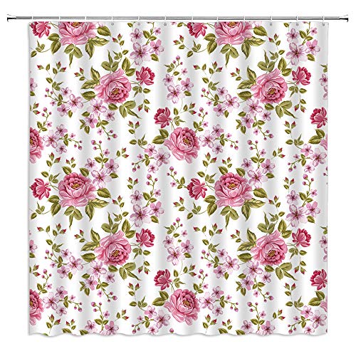 XZMAN Vintage Floral Shower Curtain Watercolor Pink Rose Chic Flower Green Leaves Romantic Retro Rustic Modern Fashion Style Girl Woman Art Print Fabric Bathroom Decor Set 70x70 Inches Include Hooks