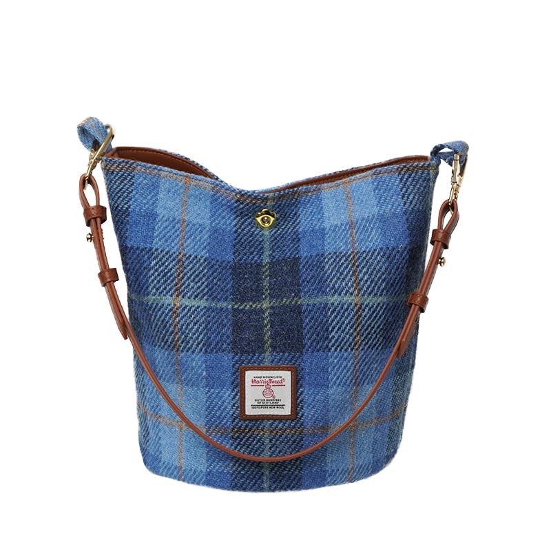 Harris Tweed Women Bucket bag Shoulder bag Handbag with Two kinds of Leather Strap (Blue Plaid)