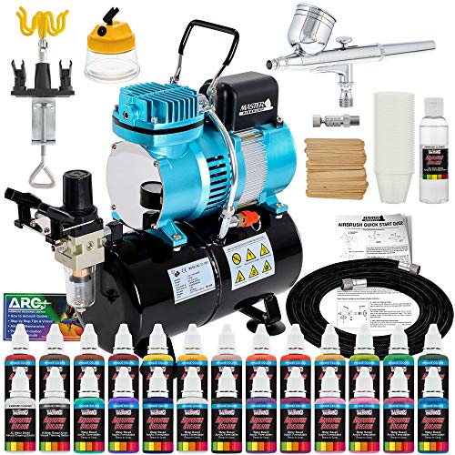MASTER G22 Multi-purpose Airbrush Kit With Airbrush Depot 1 Year Warranty Tank Compressor and 6 Foot Air Hose Set, U.S. Art Supply Airbrush Paint, Instructional DVD, Airbrush Holder, Cleaning Pot, Quick-Connector, Mixing Sticks & Cups