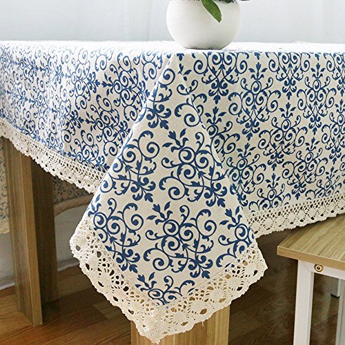 LeLehome Elome 55 X 98 Inches Oblong Flowers Lace Tablecloth, Baroque Bohemian Style Cotton Linen Fabric Blue Dining Room Picnic Table Cloth Cover Home Decoration
