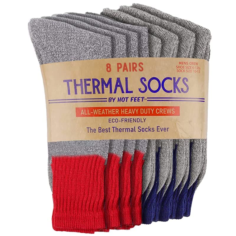 HOT FEET Winter Boot Socks for Men 8 Pairs, Cold Weather Cozy Long Crew Socks, Cotton Blend Warm Socks Size 6–12.5, GRAY/RED/NAVY