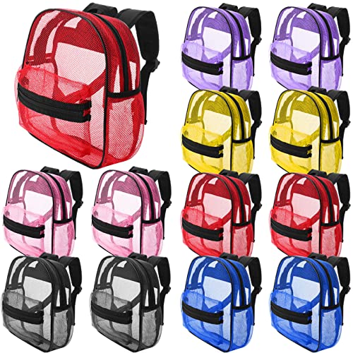 Silkfly 12 Pcs Mesh Backpack in Bulk for School See Through Heavy Duty Bookbags with Adjustable Straps for Kids Boys Girls Students Adults Clear Backpack for Beach, Fitness, Swimming, Outdoor Sports