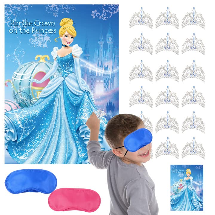 Cinderella Party Supplies, Pin The Crown On The Princess Party Game Cinderella Party Poster Games with Blindfolds Stickers Yard Games Cinderella Theme Cosplay Party Favors for Kids Boy Birthday Party