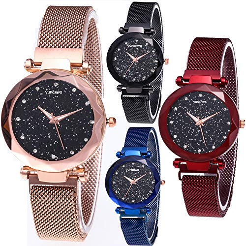 yunanwa 4 Pack Women Ladies Watches, Starry Sky Magnet Buckle Dial Diamond Cutting Mesh Brand Straps Bracelet Wristwatch