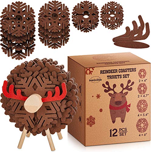 InnoCreation Decorative Coaster and Trivet Set of 12 in Reindeer Shaped Holder | Table Centerpiece for Cabin Lodge Décor | Hostess, Housewarming and Novelty for Him or Her | Kitchen Counter Accent