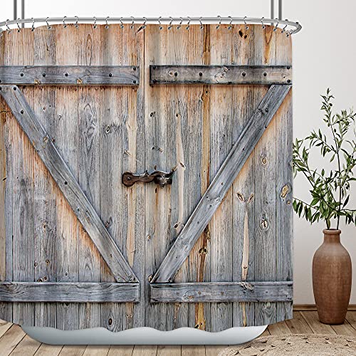 Riyidecor Extra Wide Rustic Barn Door Shower Curtain Farmhouse Clawfoot Tub 108Wx72H Inch 18 Pack Metal Hooks Plank Country Wooden Wood Vintag Decor Fabric Polyester Waterproof