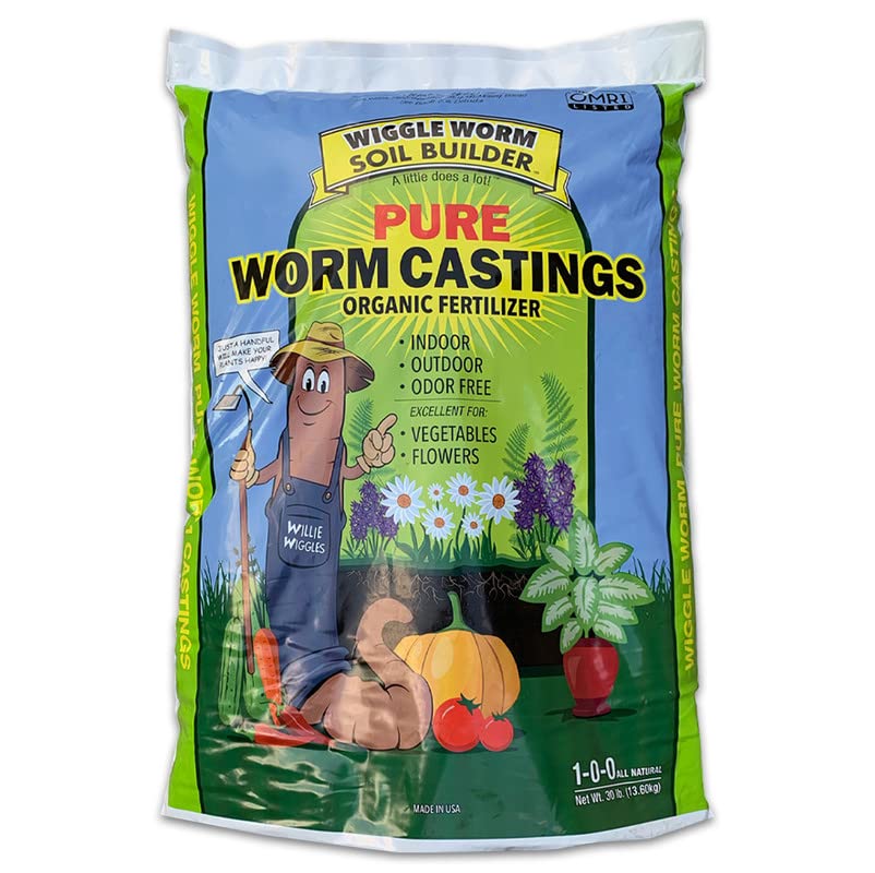 Wiggle Worm 100% Pure Organic Worm Castings 30 Pounds - Organic Fertilizer for Houseplants, Vegetables, and More – OMRI-Listed Earthworm Castings to Help Improve Soil Fertility and Aeration