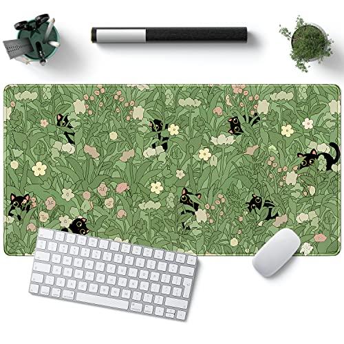 Green Desk Mat XL Cat Cute Plant Cool Desk Pad Keyboard Mat Kawaii Black Cat Flower Mouse Pad Green Desk Mat Desk Decor with Stitched Edges Non-Slip Large Computer Mat 31.5x15.7in