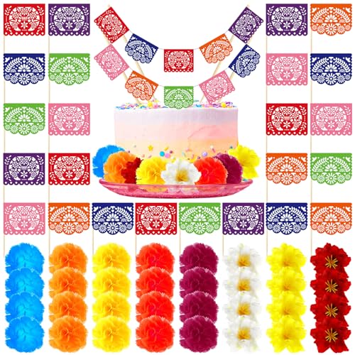 SmoothNovelty 56 Pcs Fiesta Cake Topper Mini Mexican Papel Picado Banner and Flowers Cake Decor Toppers Fiesta Cake Decorations for Fiesta Party Decorations Mexican Themed Birthday Party Supplies