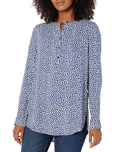 Amazon Essentials Women's Long-Sleeve Woven Blouse, Navy White Leaf Print, Large