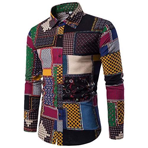 Men's Print Plaid Tee Tops Plus Size Casual Long Sleeve Slim Fit Business Shirt Blouse (M, Multicolor)