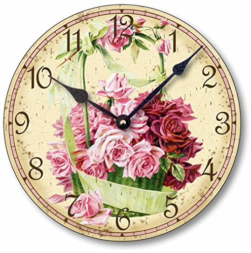 Fairy Freckles Studios Item C6017 Vintage Victorian Style 10.5 Inch Pink Rose Basket Clock