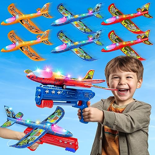 Bigdream 6 Pack LED Airplane Launcher Toys with 2 Launchers, 2 Flight Mode Glider Catapult Plane with Stickers, Flying Outdoor Toys for 3 4 5 6 7 8 9 10 11 12 Year Old Kids Boys Girls Birthday Gifts