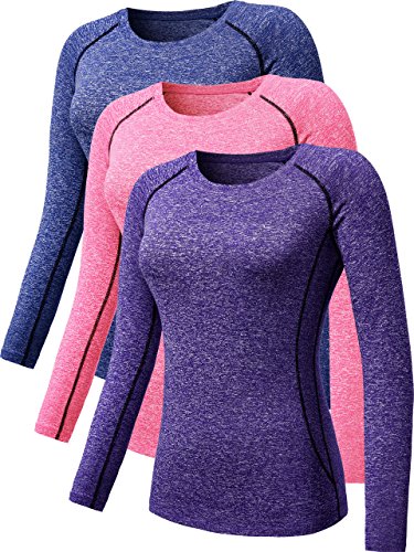 NELEUS Women's 3 Pack Compression Wear Athletic Long Sleeve Shirt for Girls,8021,Blue,Purple,Pink,S
