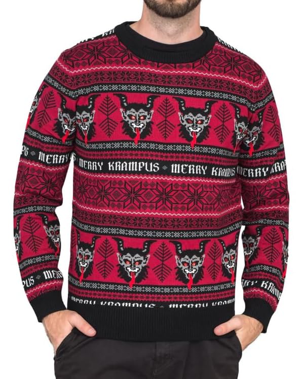 Mad Engine Merry Krampus Head All Over Festive Pattern Ugly Christmas Sweater Red