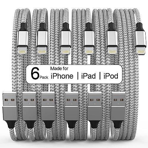 Lightning Cable [Apple MFi Certified] iPhone Charger 6Pack [3/3/6/6/6/10 Ft] Apple Charging Cable Fast Charging High Speed USB Cable Compatible iPhone 14/13/12/11 Pro Max/XS MAX/XR/XS/8-Silver&Grey
