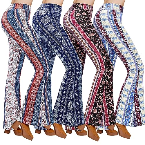 HooLing 4 Pcs Women's Flare Pants Boho High Waist Bell Bottom Wide Leg Yoga Leggings 70s Print Palazzo Pants Trousers (Vintage Style,Large)
