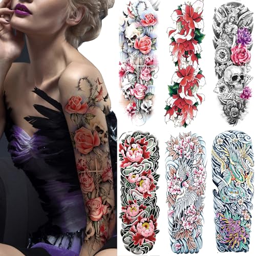 Large Temporary Tattoos Sticker Arm Flowers Tattoo Temporary Tattoos Fake Body Art Arm Tattoo for Men Women, 6-Sheet