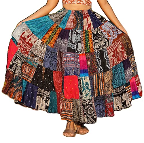 ThaiOnline4u Patchwork Skirt Long Boho Colorful Unique Gypsy Tiered Maxi Full Flared Rayon, Multicoloured, Large