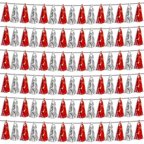 6P Foil Fringe Metallic Tassel Streamers Banner Tassel Garland for Parade Floats, Bachelorette, Wedding, Birthday, Halloween, Christmas, Bridal/Baby Shower Party Decorations (RedSilver)