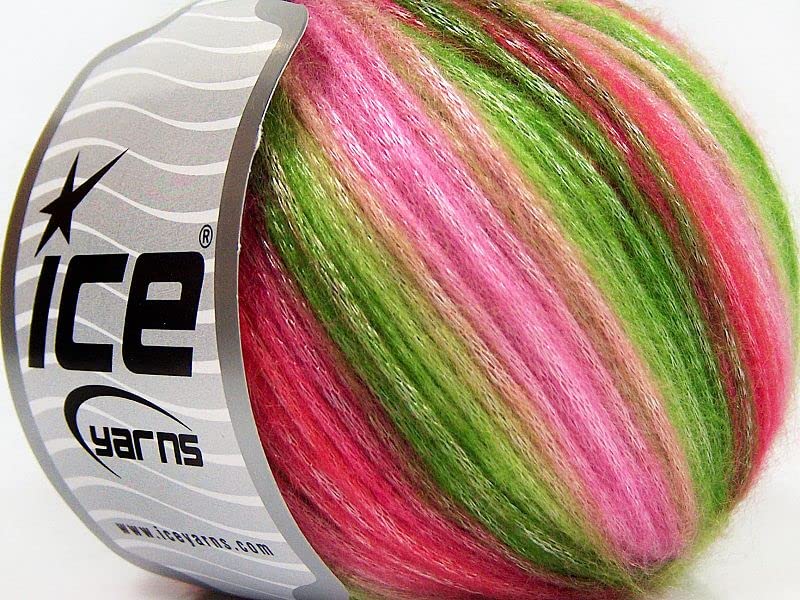 Strawberries & Limes (Pinks & Greens) Picasso Fuzzy with Subtle Sheen Yarn, Polyester, Acrylic Blend 50 Gram 125 Yards