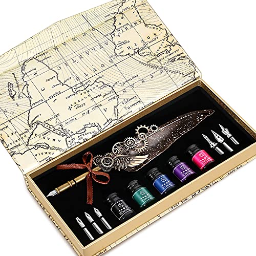 NC Quill Pen and Ink Set, Feather Pen Ink Set Includes 5 Bottles of Ink and 6 Replaceable Nibs,1 Mechanical Quill pen, Calligraphy Pen,Writing Letters,Diary, Signing, Invitation Etc(Grey)