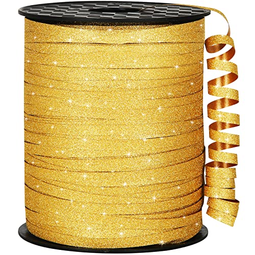 OMISELIO Gold Curling Ribbon, 500 Yard Glitter Gold Ribbon, Shiny Metallic Curling Ribbon for Gift Wrapping, Balloon Ribbon, Balloon String, Curly Ribbon for Christmas, New Years, Graduations 3/16'