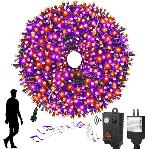 XTF2015 Halloween Lights, 105FT 300 LED Halloween String Lights with Spooky Music Motion Sensor Controller Twinkle Waterproof Purple Orange Lights Plug in for Indoor Outdoor Tree Party Yard Room Decor