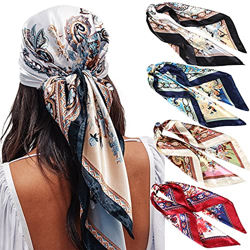 AWAYTR Satin Large Square Head Scarves - 4PCS Silk Like Neck Scarf Hair Sleeping Wraps Lightweight for Women (Cashew(White/Red/Red/Coffee))