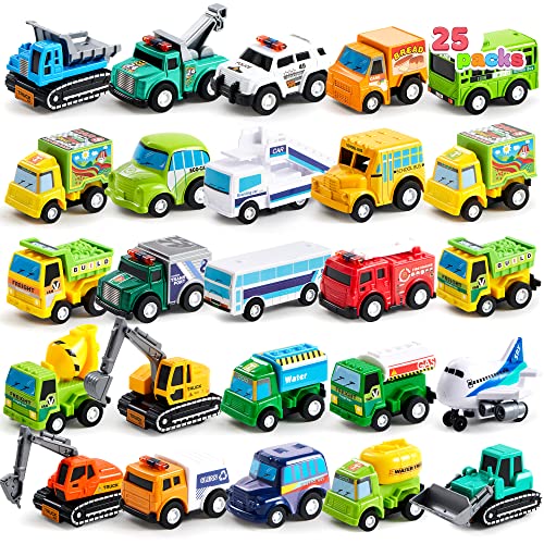 JOYIN 25 Pieces Pull Back Cars and Trucks Toy Vehicles Set for Toddlers, Girls and Boys Kids Play Set, Die-Cast Car Set, Kids Party Favors, Stocking Stuffers, Kids Toys