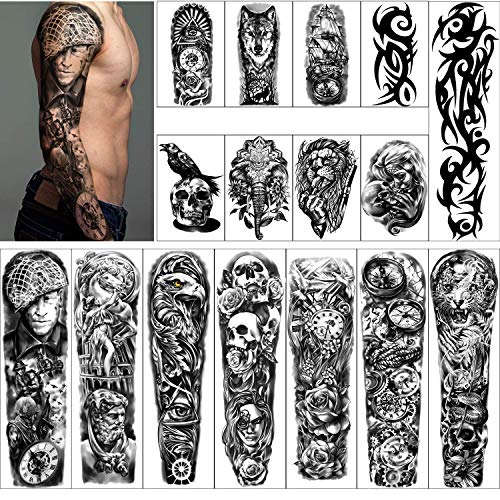 Full Arm Temporary Tattoos 8 Sheets and Half Arm Shoulder Waterproof Tattoos 8 Sheets, Extra Large Tattoo Stickers for Men and Women (22.83'X7.1')