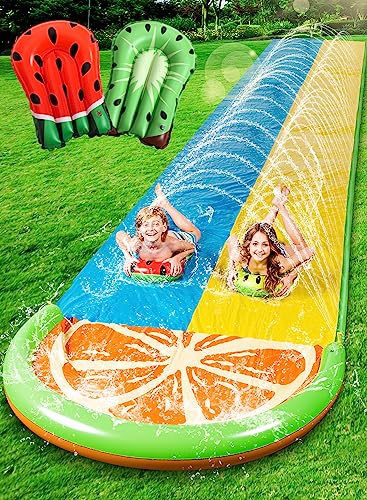 Sloosh 20ft Double Water Slides with 2 Boogie Boards Backyard Outdoor Slip Lawn Waterslide 2 Sliding Racing Lanes with Sprinklers Summer WaterToy 20ft x 62in, Orange