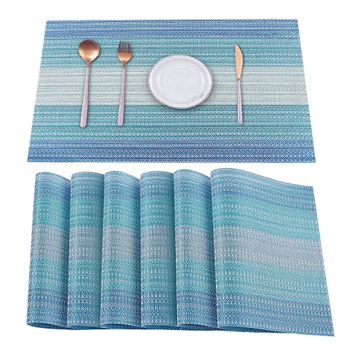HeloHo Blue Placemats Set of 6,Stain-Resistant Kitchen Table Mats Washable Placemats Crossweave Woven Vinyl Placemat for Kitchen Dining Table