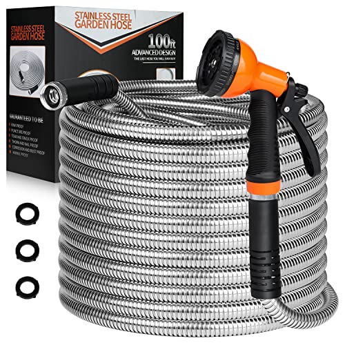 HDKing Garden Hose 100 FT - Flexible Metal Hose with 10 Function Nozzle, Kink Free, Lightweight, Durable, Crush Resistant Fitting, Easy to Coil, Puncture Proof Hose for Yard, Rv, 600 PSI - 2023 Model