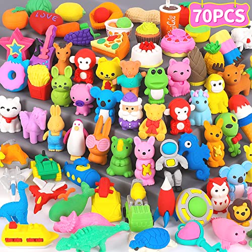 70 Pack Animal Erasers for Kids Bulk Desk Pets Classroom Prizes Treasure Box Toys for Classroom Supplies, 3D Puzzle Mini Erasers Pencil Eraser Back to School Supplies for Kids Party Favors (Random)