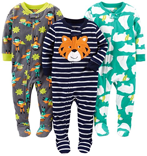 Simple Joys by Carter's Baby Boys' 3-Pack Loose Fit Flame Resistant Fleece Footed Pajamas, Charcoal Superhero/Green Polar Bear/Navy Tiger, 5T