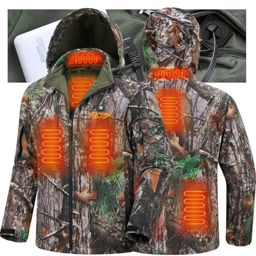 NEW VIEW Men's Camo Heated Jacket with 5V Battery Pack, Electric Heated Coat Rechargeable for Winter Hunting, Ice Fishing