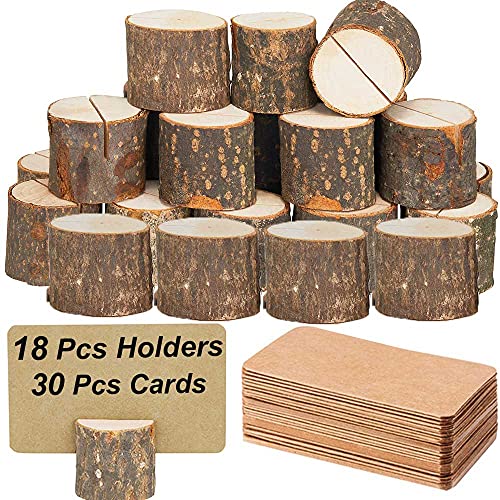 Toncoo 18Pcs Premium Wood Place Card Holders and 30Pcs Kraft Table Place Cards, Rustic Table Number Holders, Wood Photo Holders, Ideal for Wedding Party Table Name and More