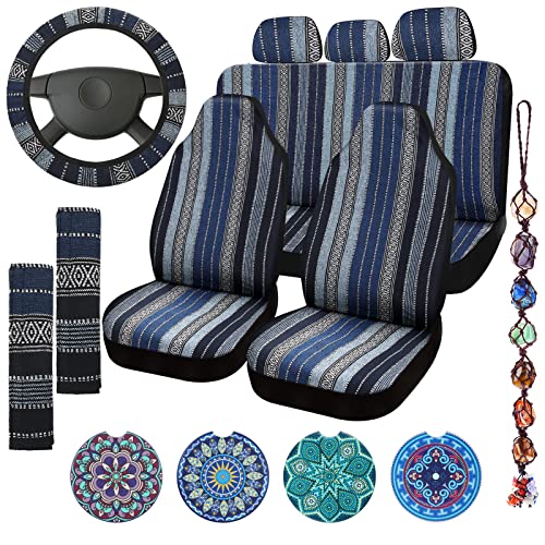 14 Pcs Baja Car Seat Covers Full Set Multicolor Blue Saddle Blanket Striped Boho Car Seat Covers Steering Wheel Cover Seat Belt Pads Cover Crystal Hanging Ornament Cup Mats Fit for Car Sedan Van