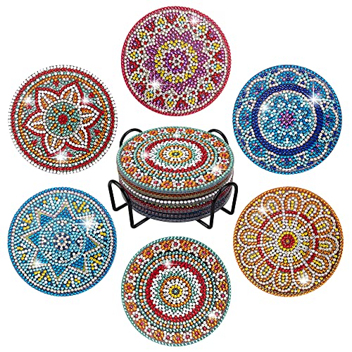 Temlum 6 Pcs Diamond Painting Coasters with Holder, Mandala Diamond Art Coasters Kits for Beginners, Adults, Kids Small Diamond Painting Kit Art Craft Supplies