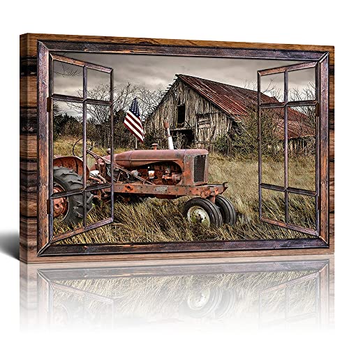 Fimtise Barn Pictures Wall Decor Old Tractor Farmhouse Canvas Painting Barn Wall Decor Framed Country Posters Home for Living Room Bedroom Bathroom Decoration 12x16inch