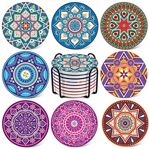 LIFVER Drinks Coasters Set of 8, Mandala Style Ceramic Coasters with Holder, 4 Inches Coasters for Drinks with Cork Base, Great Colorful Decor, Ideal Thanksgiving and Housewarming Gifts