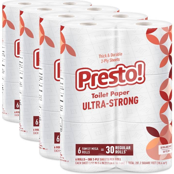 Amazon Brand - Presto! 2-Ply Ultra-Strong Toilet Paper, 24 Mega Rolls = 120 Regular Rolls, 6 Count (Pack of 4), Unscented, (Packaging May Vary)