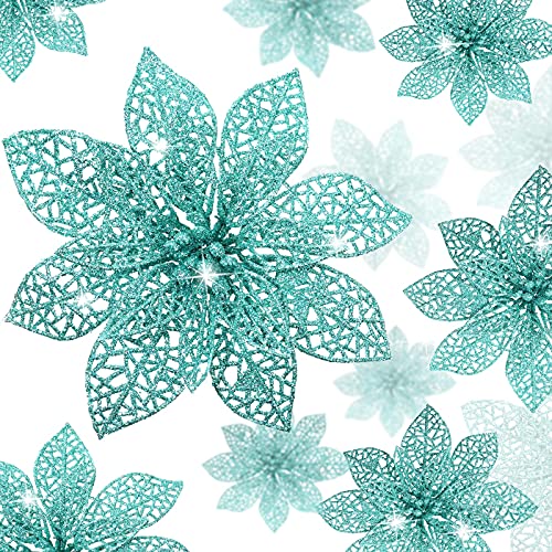 24 Pieces Glitter Poinsettia Christmas Tree Ornament Christmas Flowers Decor Ornament, 3/4/6 Inches (Blue-Green)