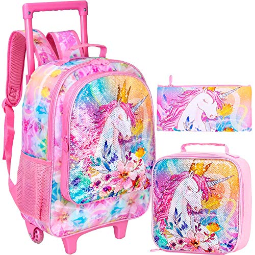 4PCS Rolling Backpack for Girls,Kids Unicorn Bookbag with Roller Wheels, Suitcase School Bag Set for Toddler Elementary