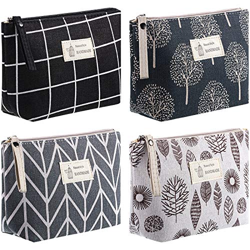 4 Pieces Canvas Cosmetic Bags Set Printed Makeup Bags with Zipper Multi-Functional Travel Pouch for Women Girls Vacation Travel Toiletry Bag, 4 Styles (Arrow, Plaid, Tree, Leave, Small)