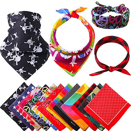 Boao 12 Pieces Cotton Bandanas Tie Dye Face Mask Scarf Boho Double Gradient Sides Printed Classic Novelty Headband Paisley Handkerchief Head Wraps Cowboy for Hippie for Men Women Party Outdoor Favor