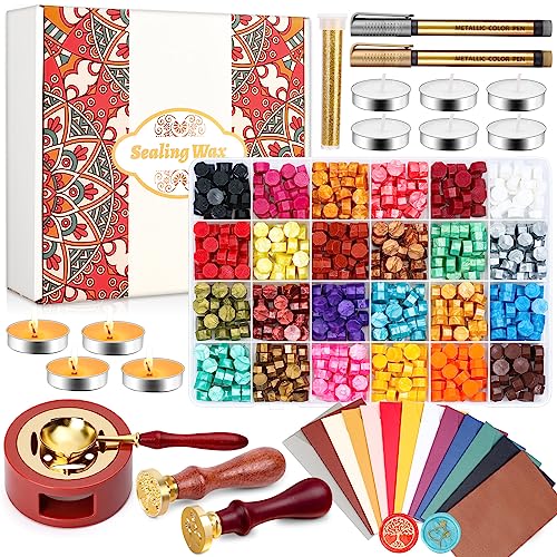 Paxcoo Sealing Wax Kit with Wax Seal Beads, Wax Seal Stamp, Wax Seal Warmer, Wax Spoon, Envelopes and Tealight Candles for Letter Sealing