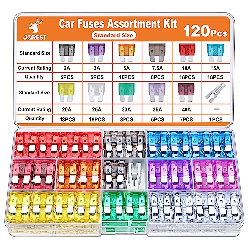 JOREST 120Pcs Car Fuse Kit - Replacement Fuses Assortment Kit for Car/RV/Truck/Motorcycle(2Amp 3A 5A 7.5A 10A 15A 20A 25A 30A 35A 40A) - Standard Blade Fuses Automotive + Auto Fuse Puller